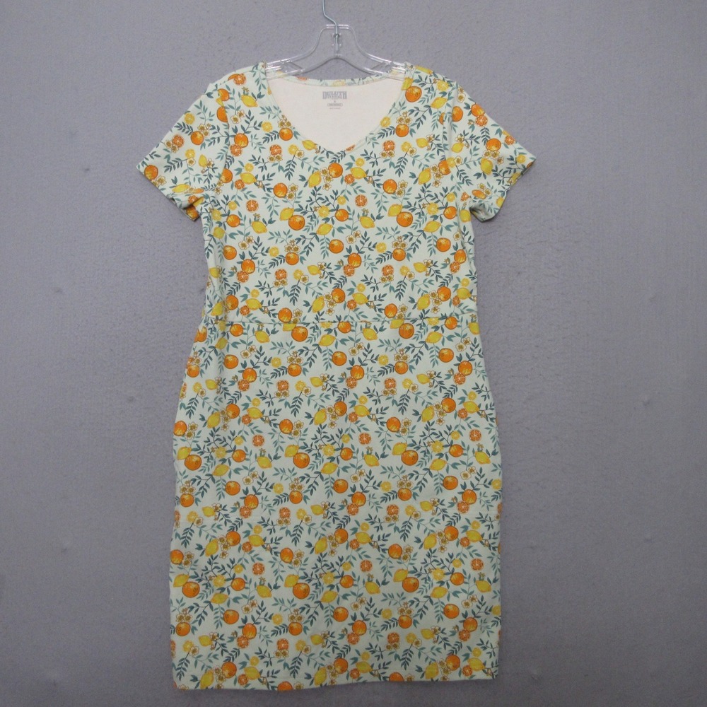 Duluth Trading Co Dress Orange Fruit Lemon Citrus Print Cotton Stretch Pockets‎